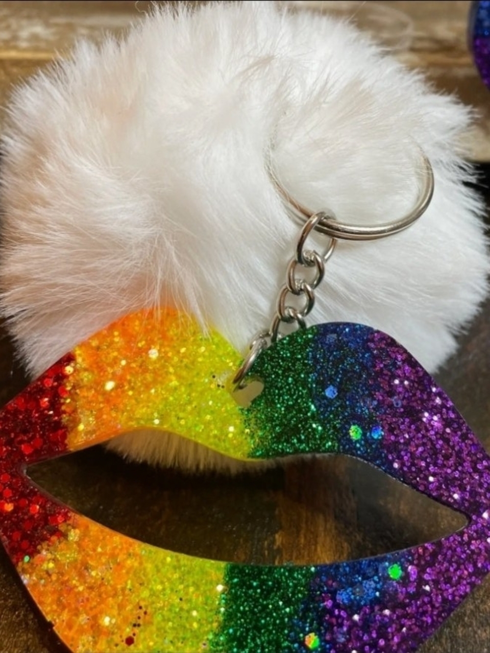 White Pom Pom Keychain with Rainbow Glitter Lip Charm